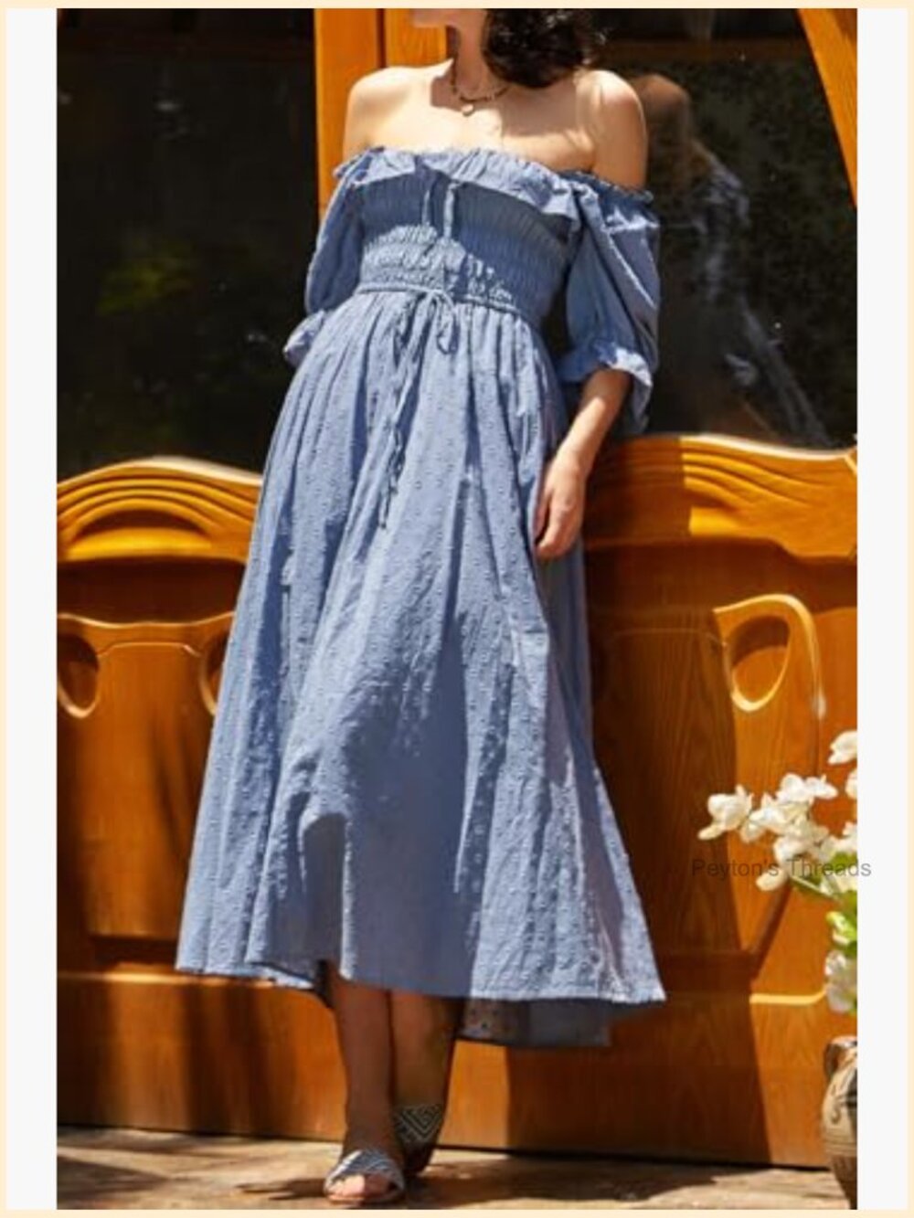 Square Neck Midi Dress Puff Sleeve Smocked Elastic Waist - Picture 5 of 7